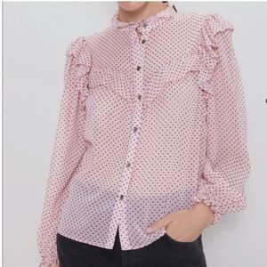 Zara Ruffled Red Polka Dot Pink Ruffle Sheer Blouse